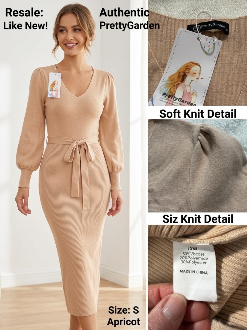 PrettyGarden NWT Ribbed Knit Midi Dress V-Neck Puff Sleeve Tie Waist Apricot S